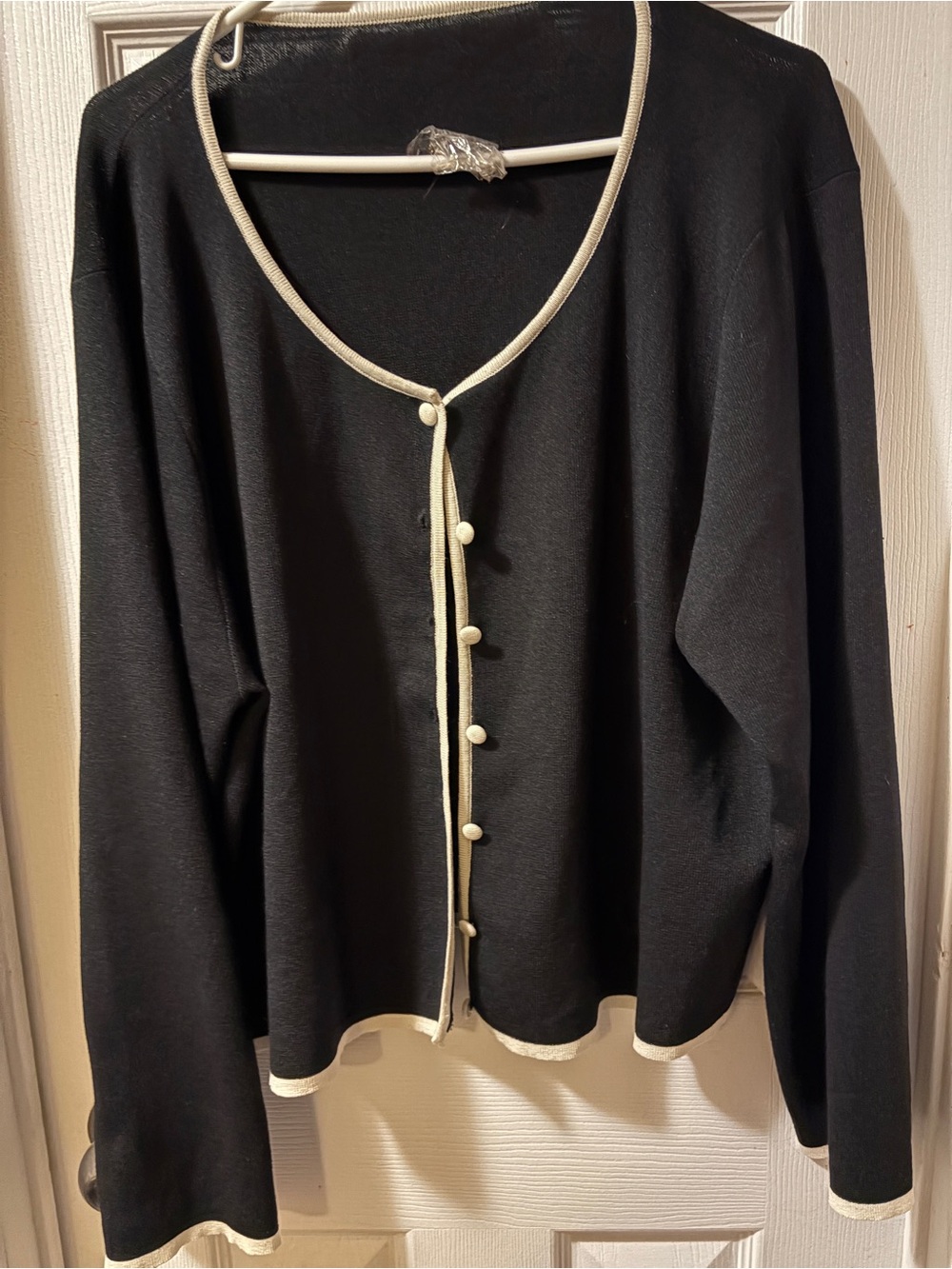 Classic Black Button-Front Women’s Cardigan with Ivory Trim